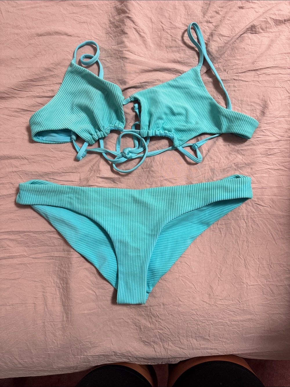 Frankie’s Ribbed Aqua Triangle Bikini Set - Women's Swim
